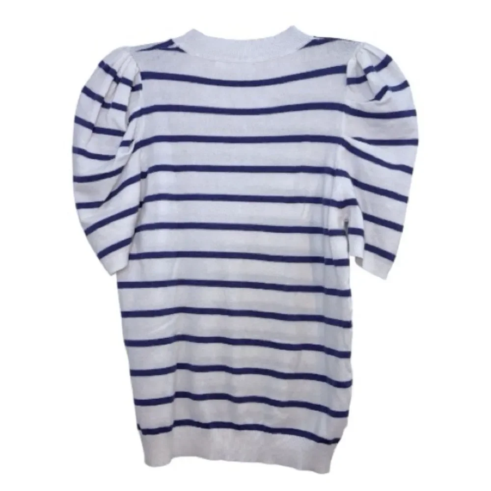 Women’s White & Blue Striped Puff Sleeve Knit Top Size Small